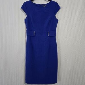 Tahari Royal Blue Peplum Bodycon Business Career Midi Dress Cap Sleeves Belted